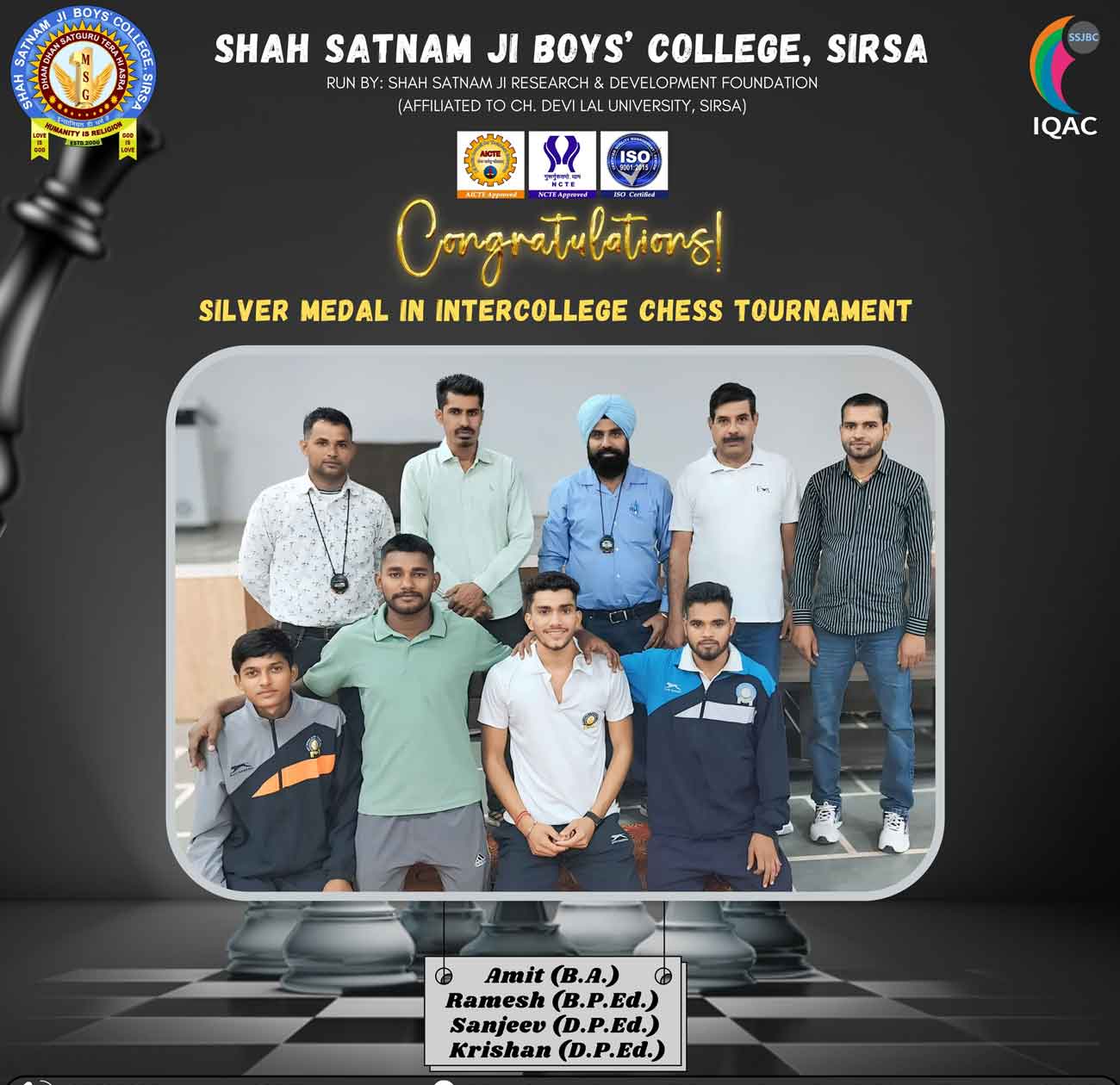 Shah Satnam Ji Boys College won in Chess Tournament